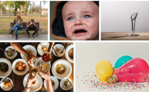 collage met baby, depressieve mensen, feestje en ballonnen
